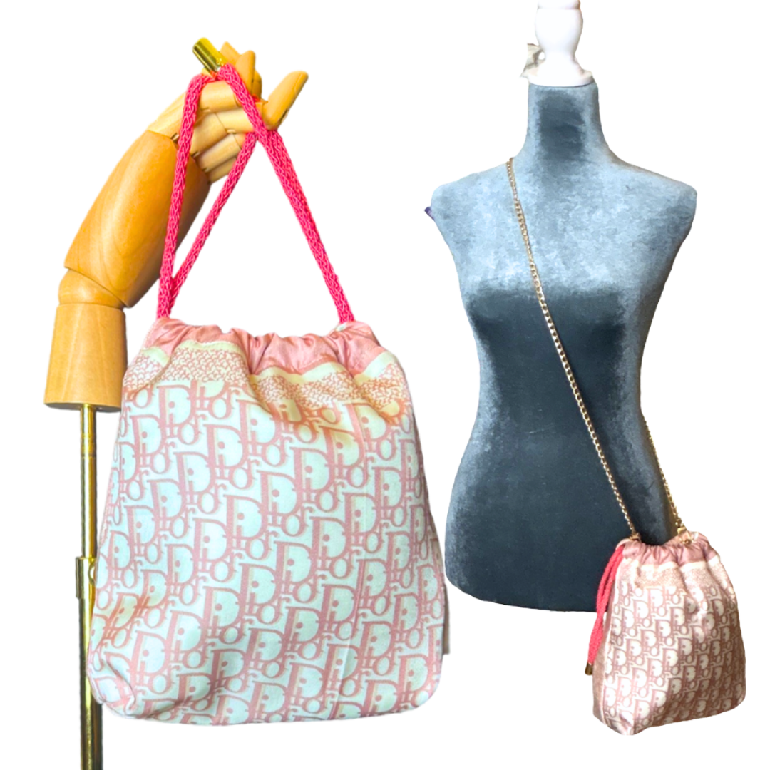 Trotter Pink Vintage Silk Scarf Drawstring Crossbody Bag
