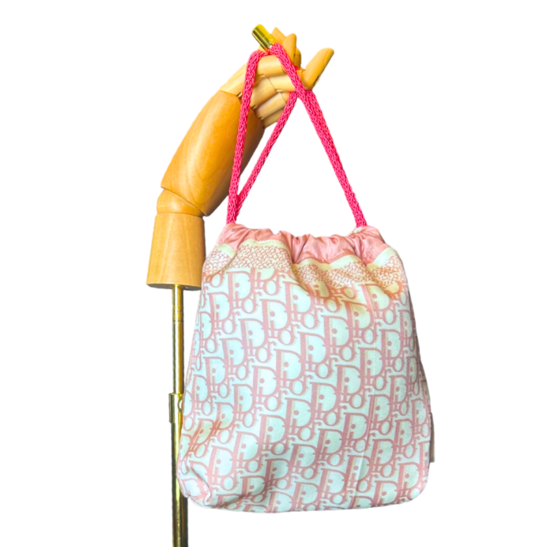 Trotter Pink Vintage Silk Scarf Drawstring Crossbody Bag