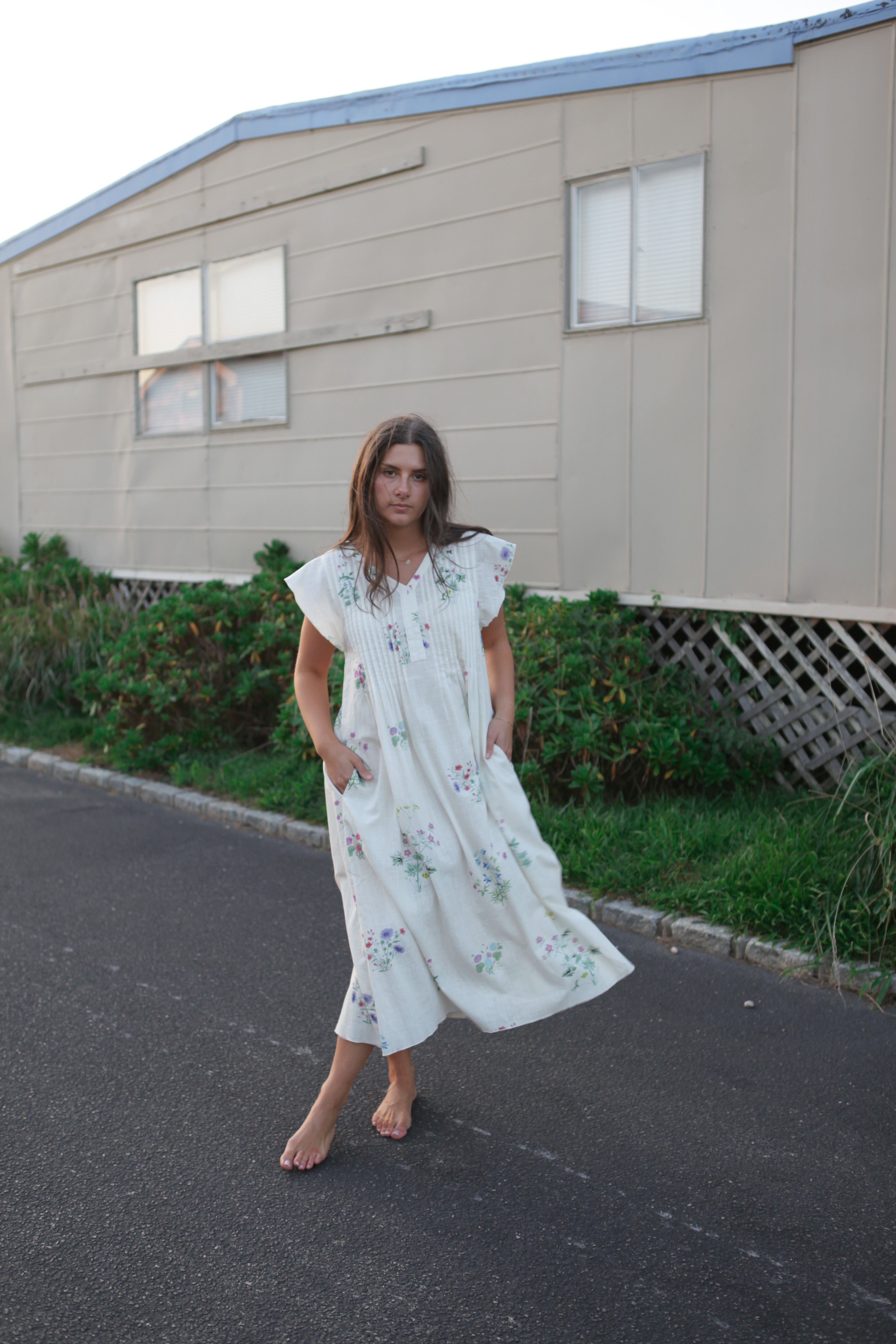 Doris Midi Dress in Cream Botanical