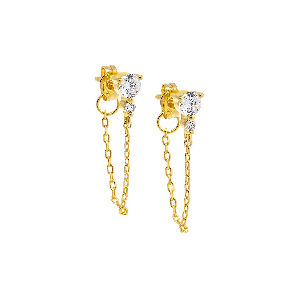 Gold Double CZ Chain Front Back Stud Earring - Adina's Jewels