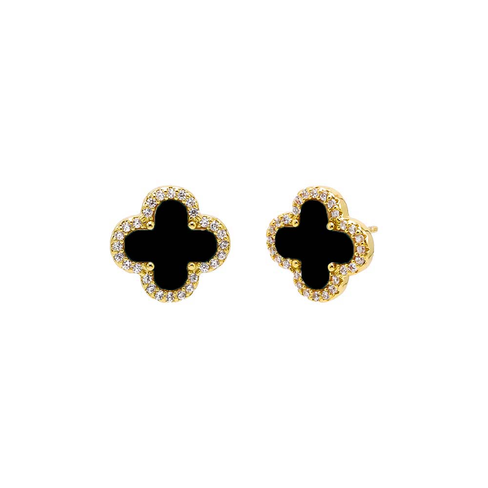 Onyx Pave Outlined Four Leaf Clover Stud Earring - Adina's Jewels