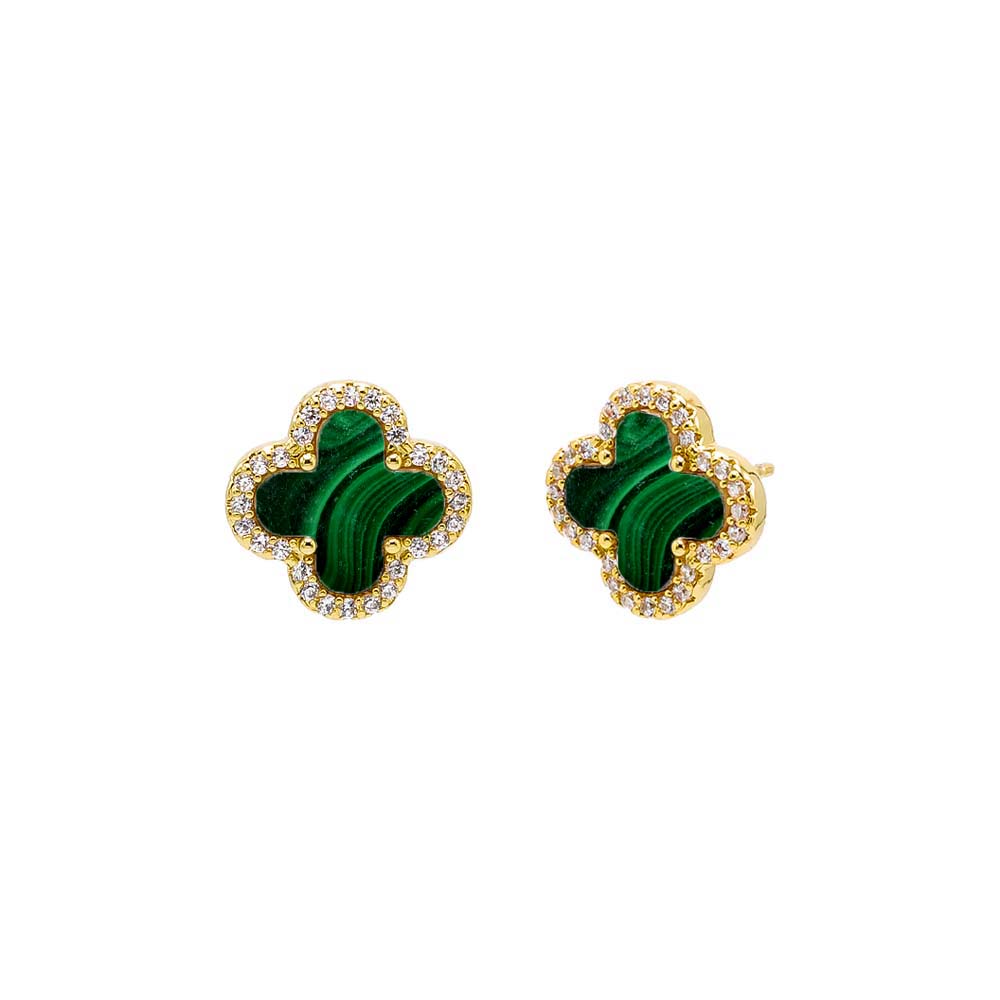 Malachite Pave Outlined Four Leaf Clover Stud Earring - Adina's Jewels