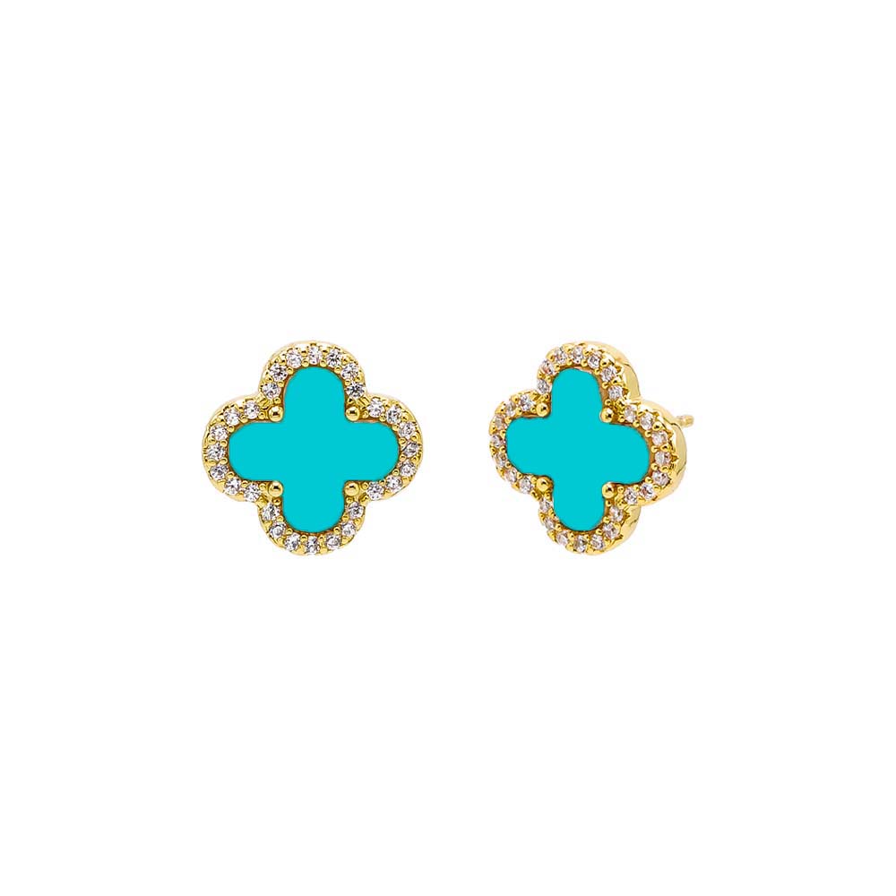 Turquoise Pave Outlined Four Leaf Clover Stud Earring - Adina's Jewels