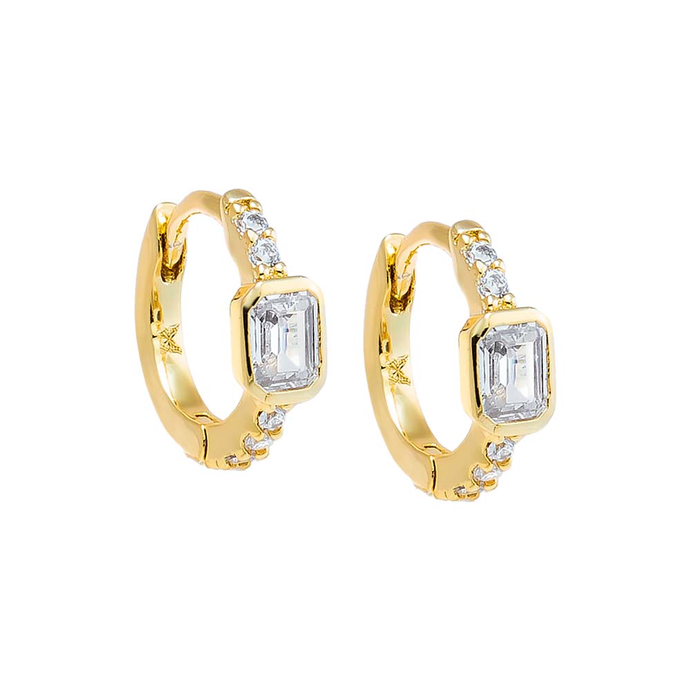 Gold Pave X Bezel Baguette Huggie Earring - Adina's Jewels