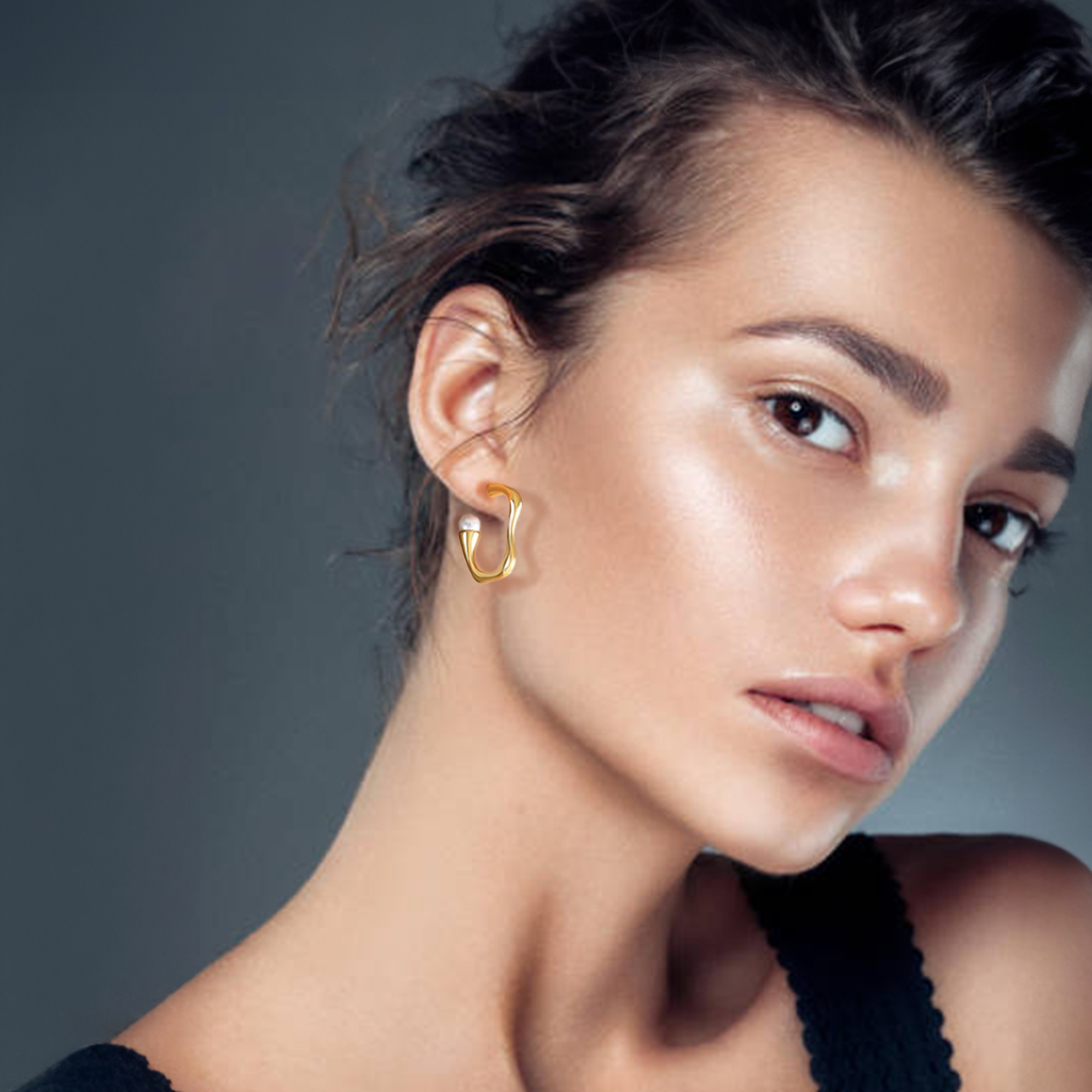 ER082G B.Tiff High Polish Rivière Freshwater Pearl Gold Earrings by B.Tiff New York