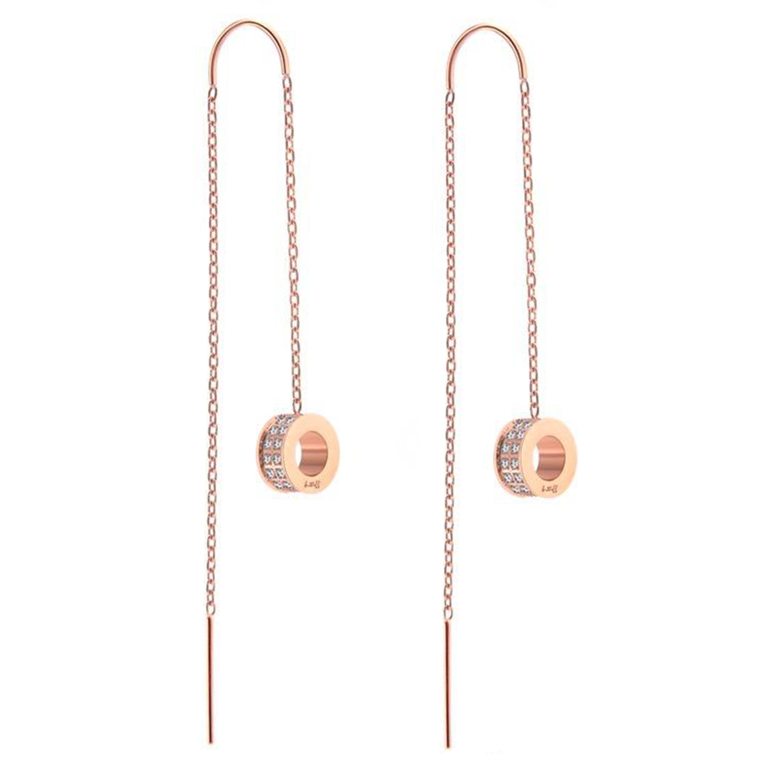 ER228RG B.Tiff Rose Gold Thread Dangling Pavé Circle Earrings