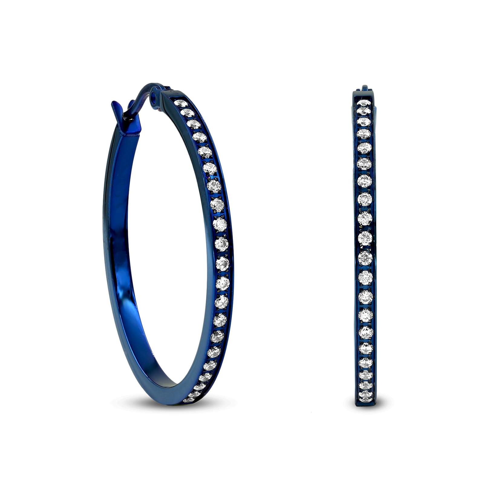 ER312BL B.Tiff Blue Pavé 42-Stone Classic Medium Hoop Earrings by B.Tiff New York