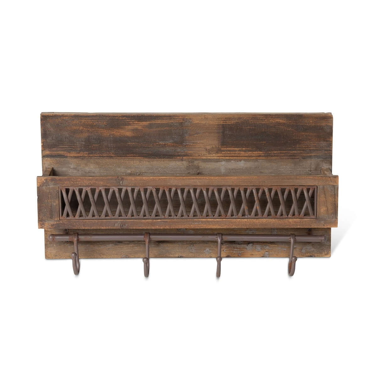 Farmhouse Wall Shelf with Hooks and Metal Lattice Accent