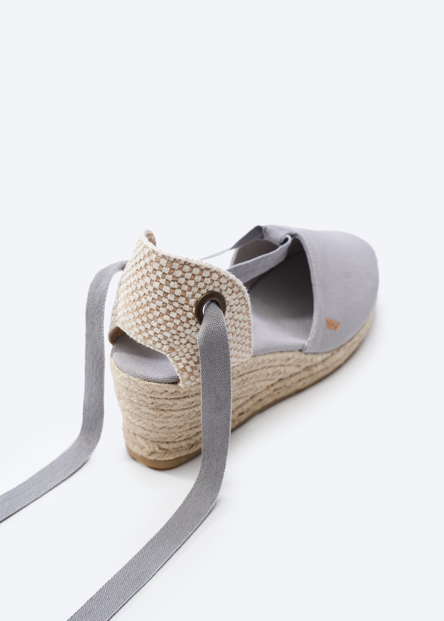 Escala Ash Grey Canvas Lace Up Women Espadrille Wedges Flexible Back Detail