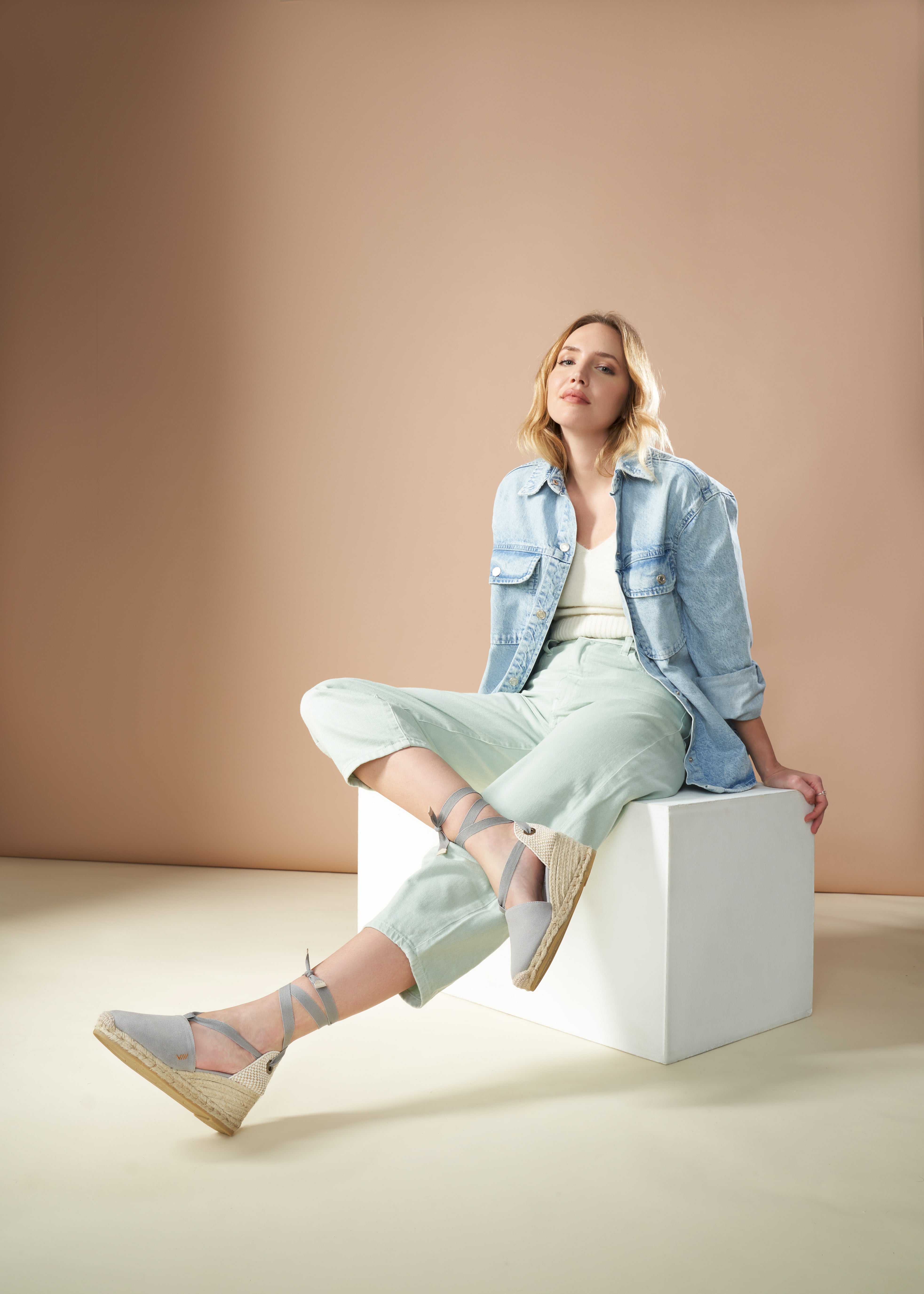Escala Ash Grey Canvas Lace Up Women Espadrille Wedges Outfit