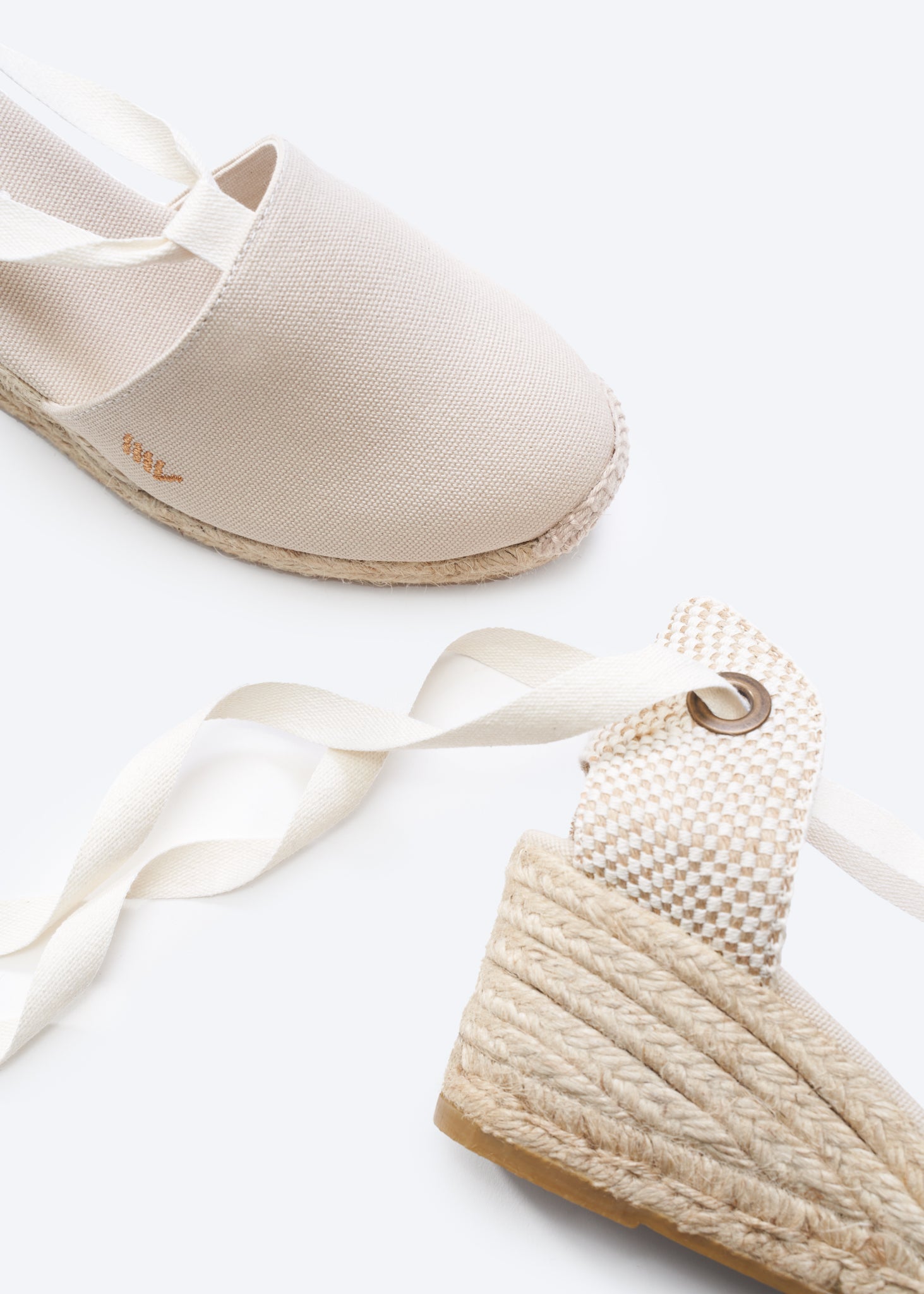 Escala Beige Canvas Lace Up Women Espadrille Wedges Closed Toe and Flexible Back Detail