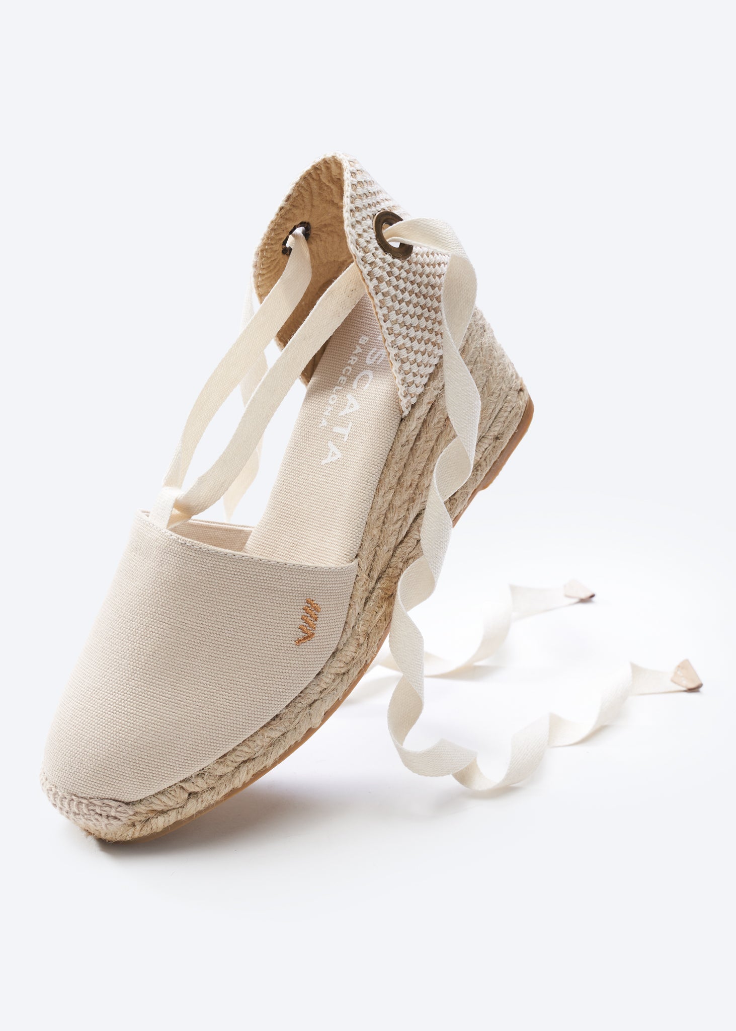 Escala Beige Canvas Lace Up Women Espadrille Medium Heel Wedge