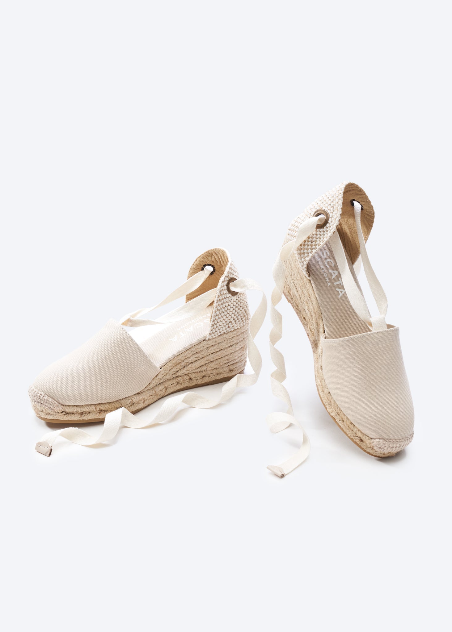 Escala Beige Canvas Lace Up Women Espadrille Medium Wedges