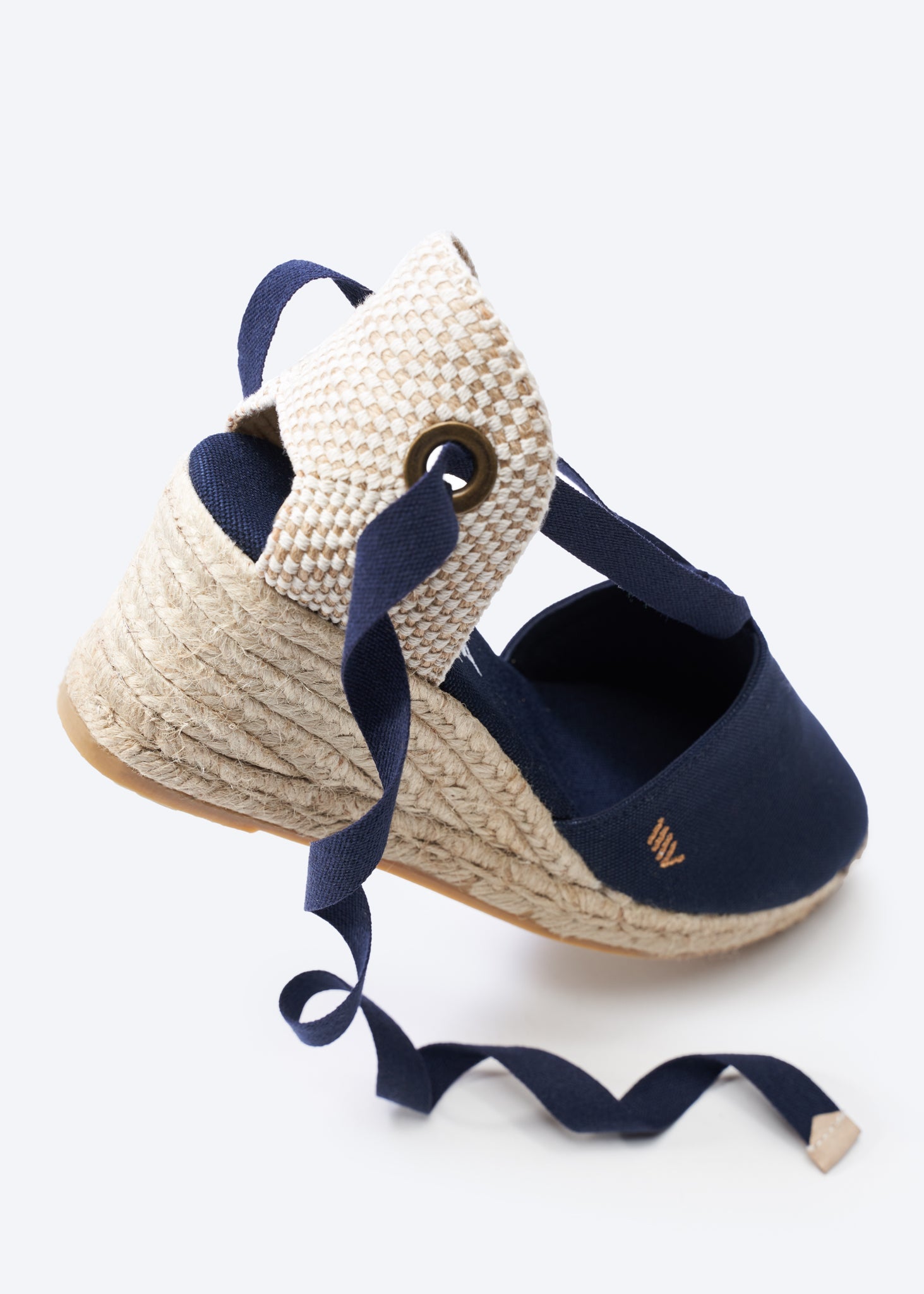 Escala Navy Blue Canvas Lace Up Women Espadrille Medium Heel Wedge