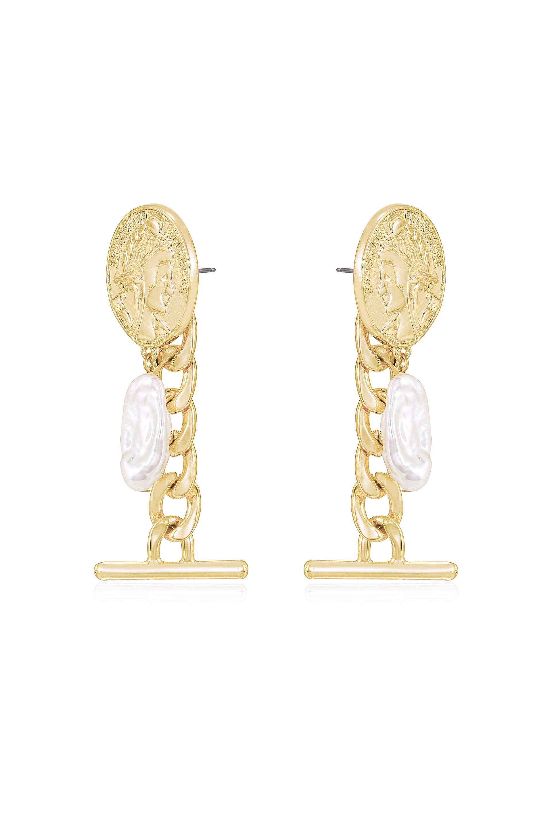 Ancient Coin and Pearl Charm Drop Earrings