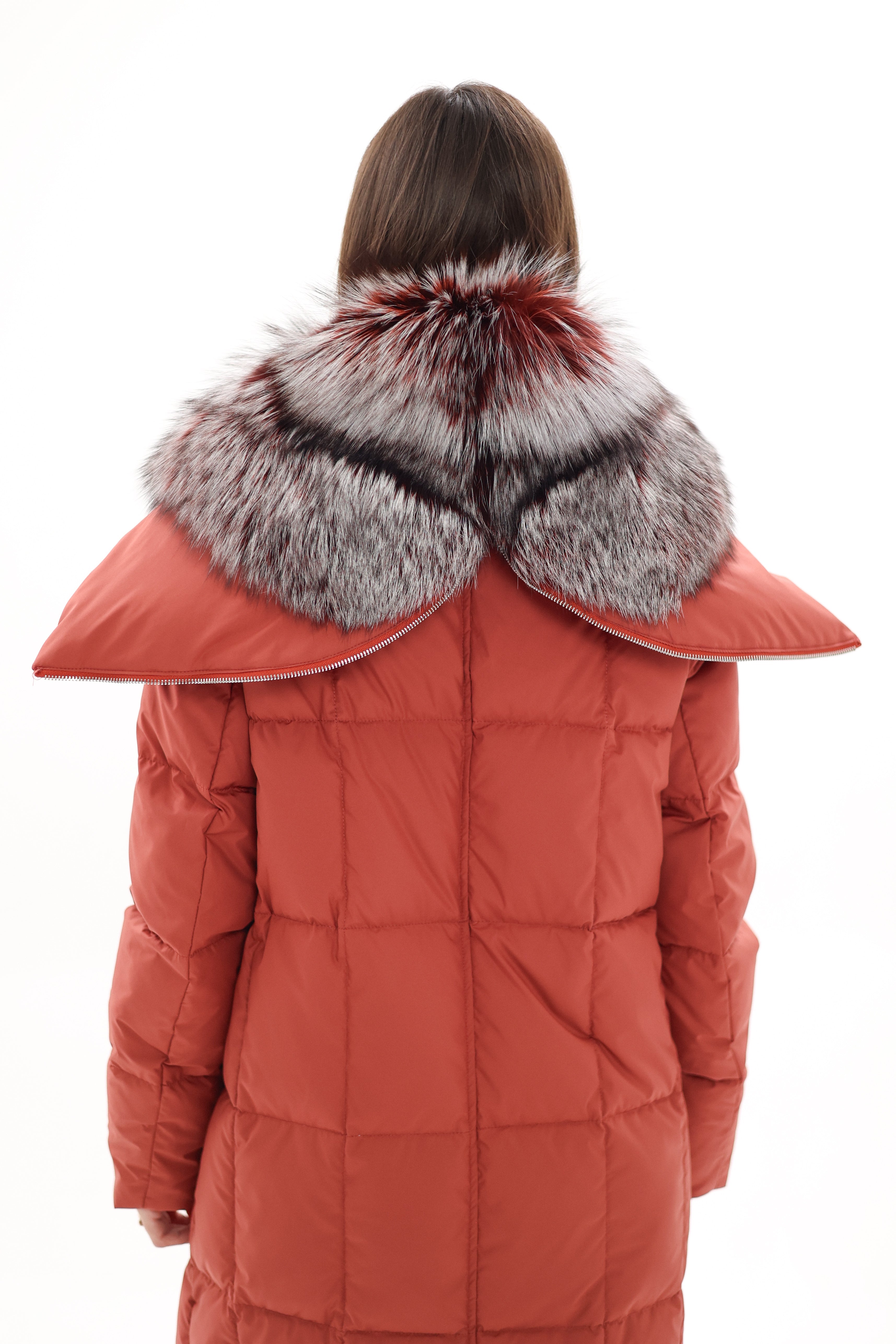 Genuine Silver Fox Fur Trim Down Coat
