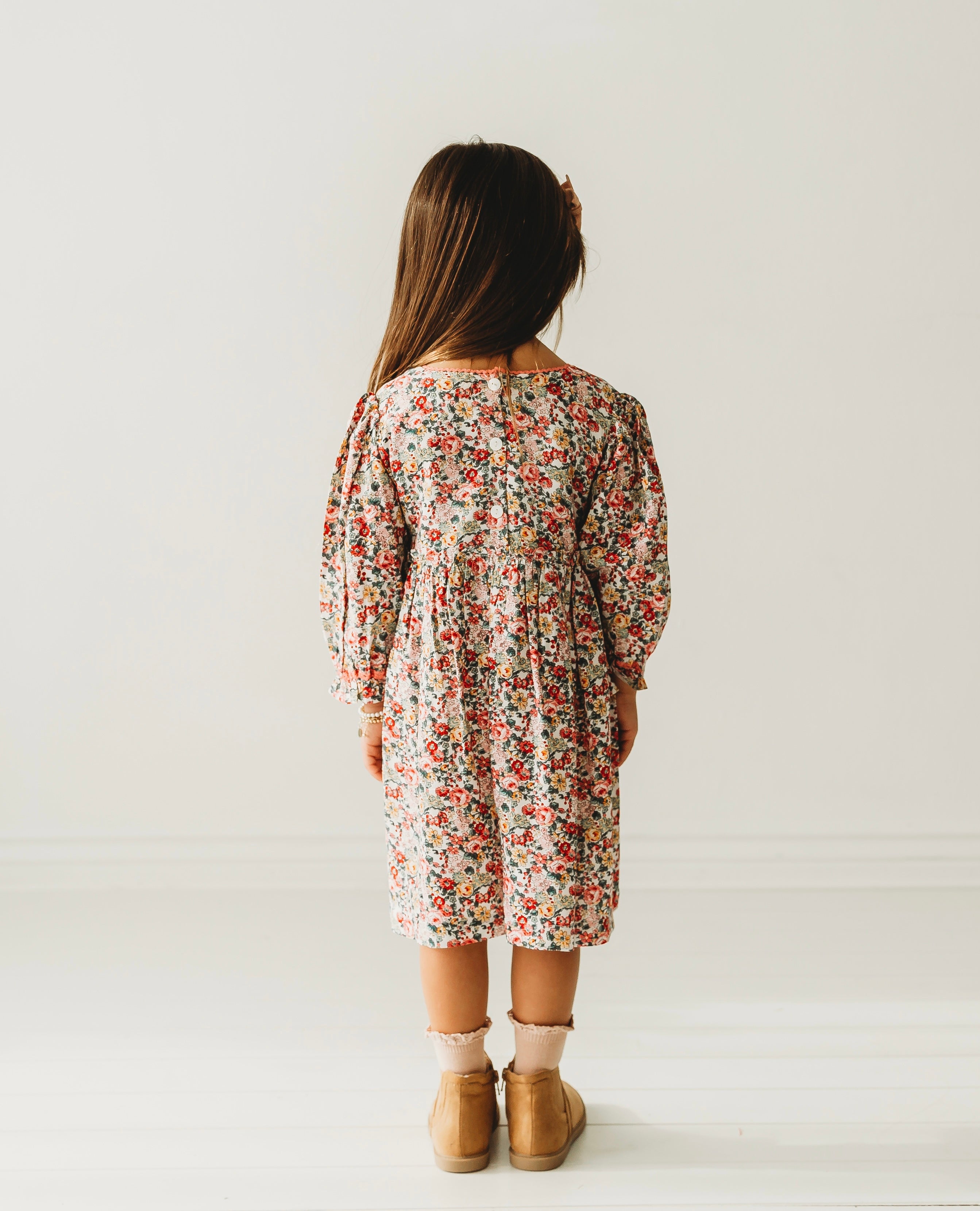 Long Sleeves Pink Bloom Overlap Girl's Cotton Dress