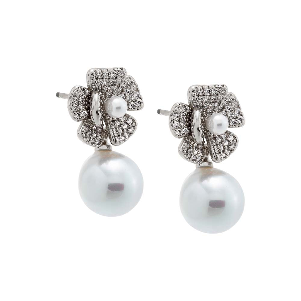 Silver Pave Dangling Flower Pearl Stud Earring - Adina's Jewels