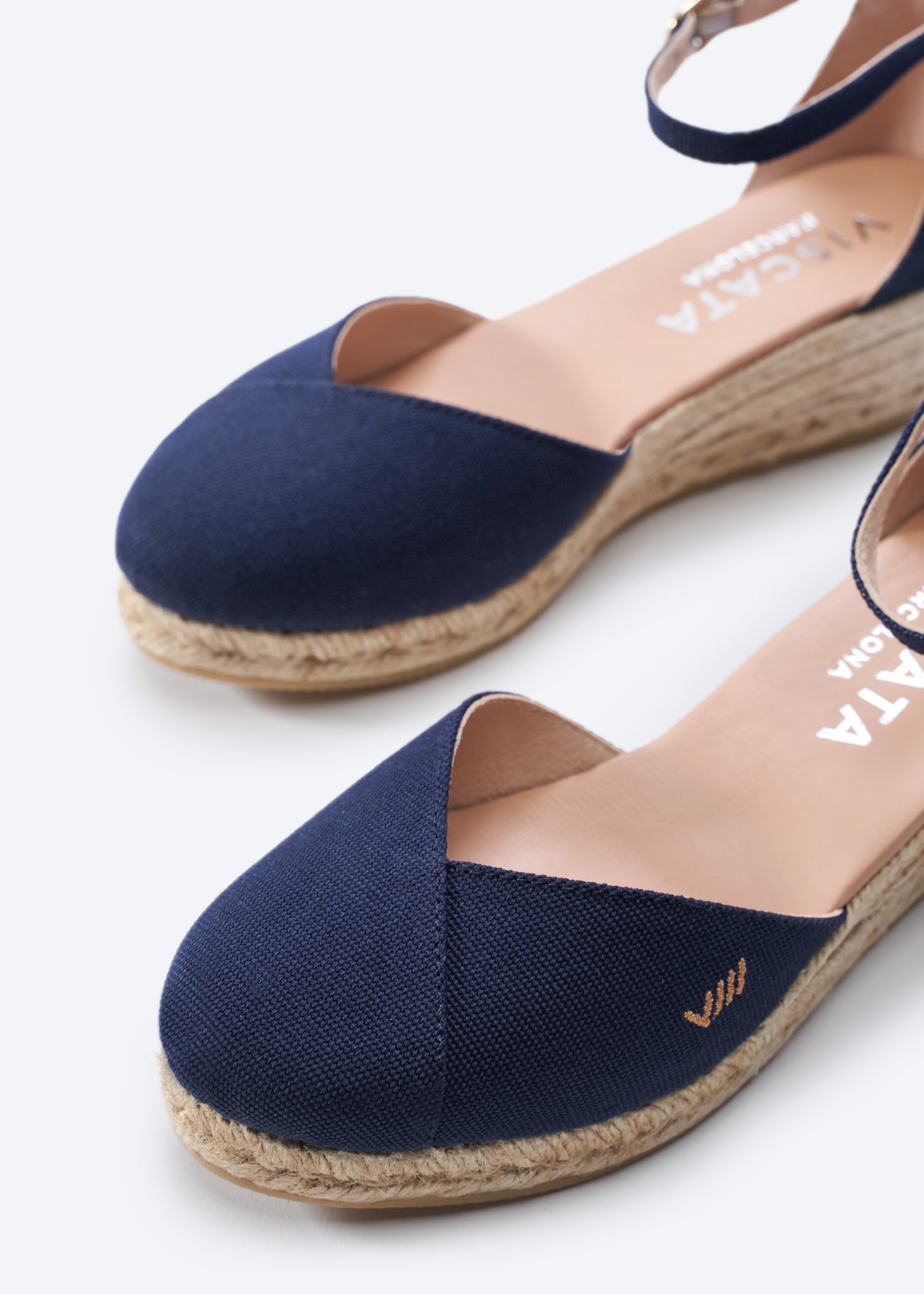 Formiga Ash Grey Canvas Ankle Strap Women Espadrille Wedges V Cut Detail