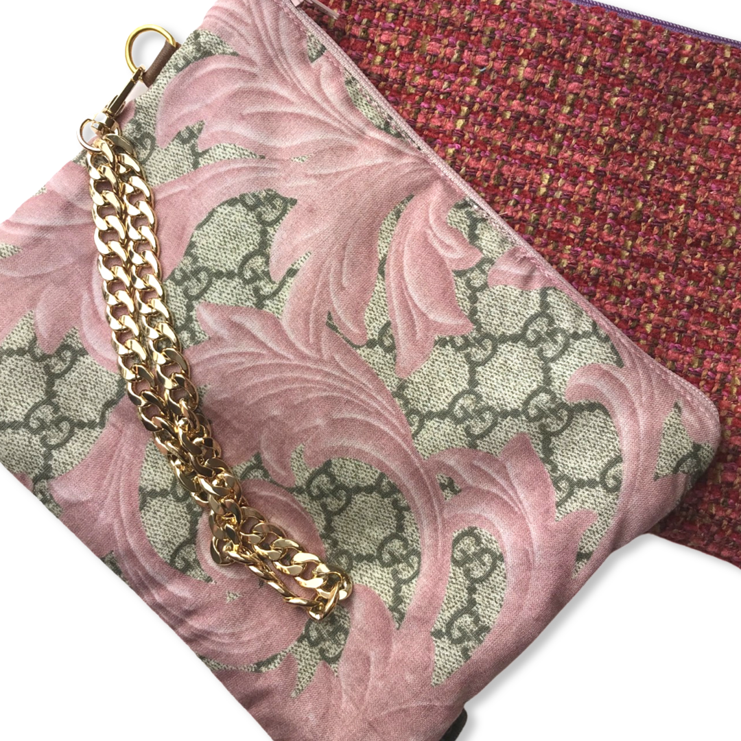 GG Logo Arabesque Pink Vintage Silk Scarf Grand Wristlet Bag
