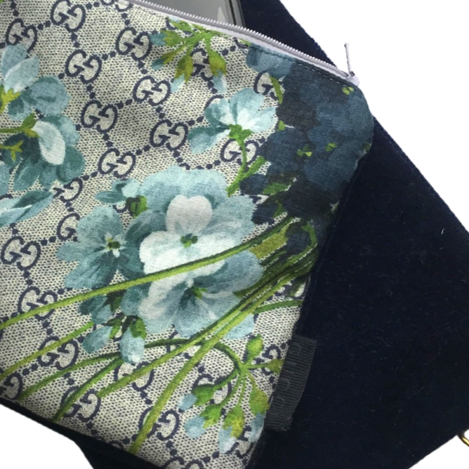 GG Logo Blooms Blue Vintage Silk Scarf Wristlet Bag