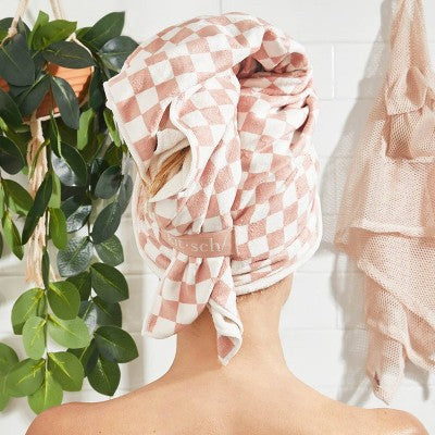 Kitsch Extra Large Quick-Dry Hair Towel Wrap Terracotta Checker - New