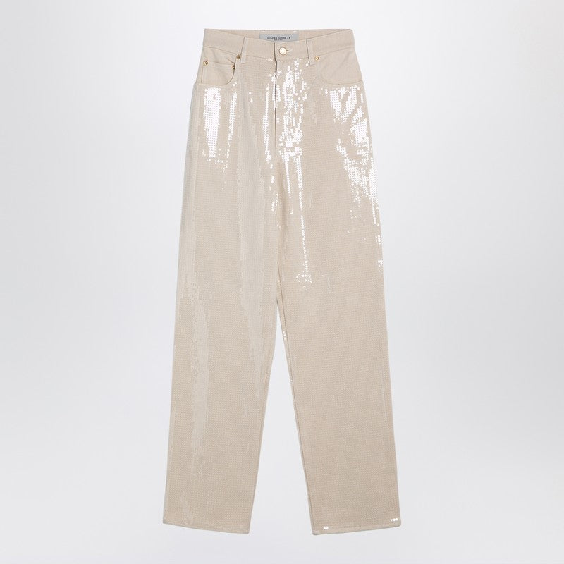 Golden Goose Trousers With Transparent Sequins Écru Women