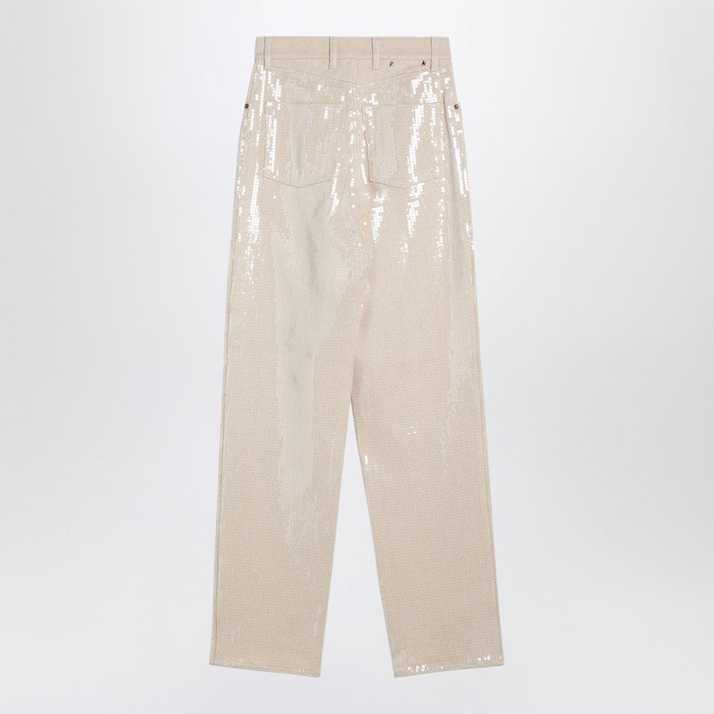 Golden Goose Trousers With Transparent Sequins Écru Women