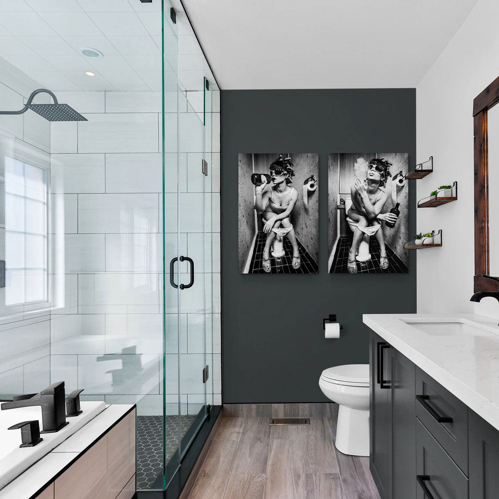 Girl Sitting On Toilet Smoking and Drinking Canvas Wall Art | 3CARATS
