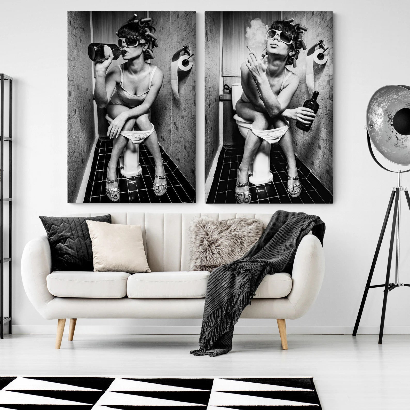 Girl Sitting On Toilet Smoking and Drinking Canvas Wall Art | 3CARATS