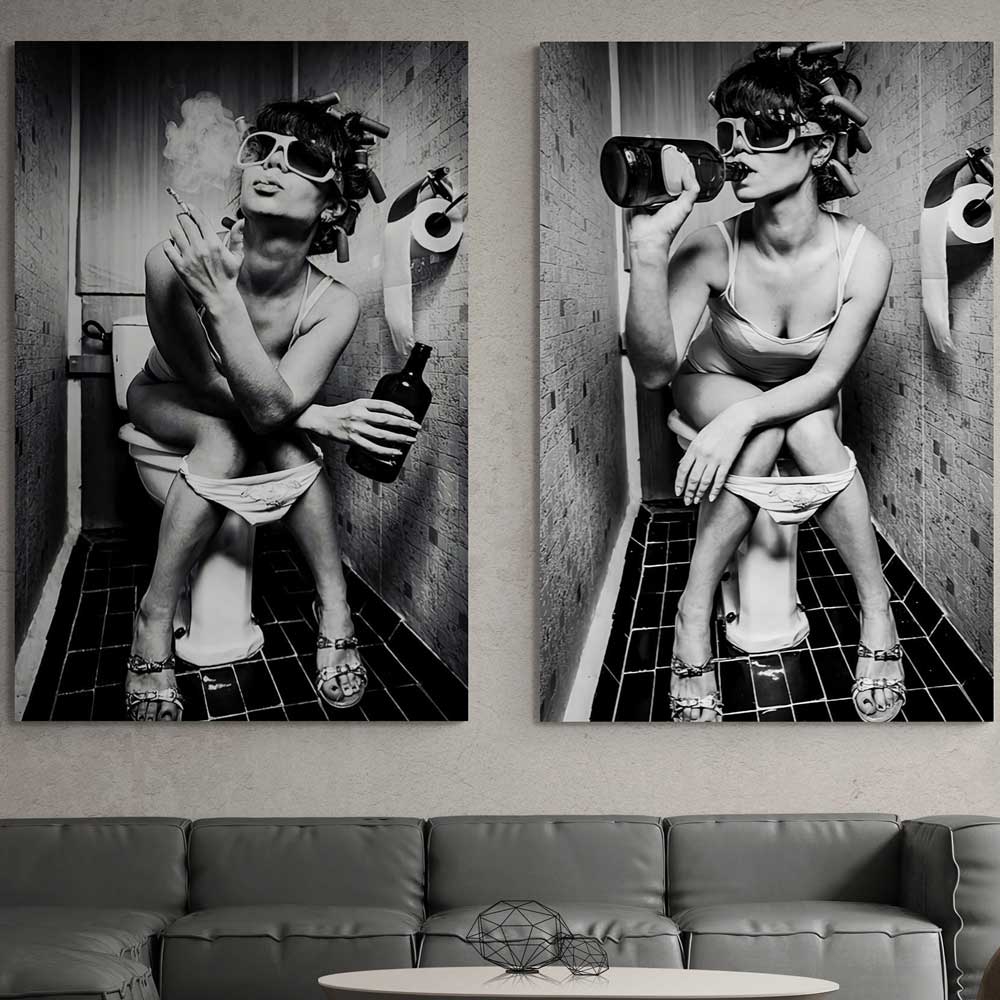 Girl Sitting On Toilet Smoking and Drinking Canvas Wall Art | 3CARATS