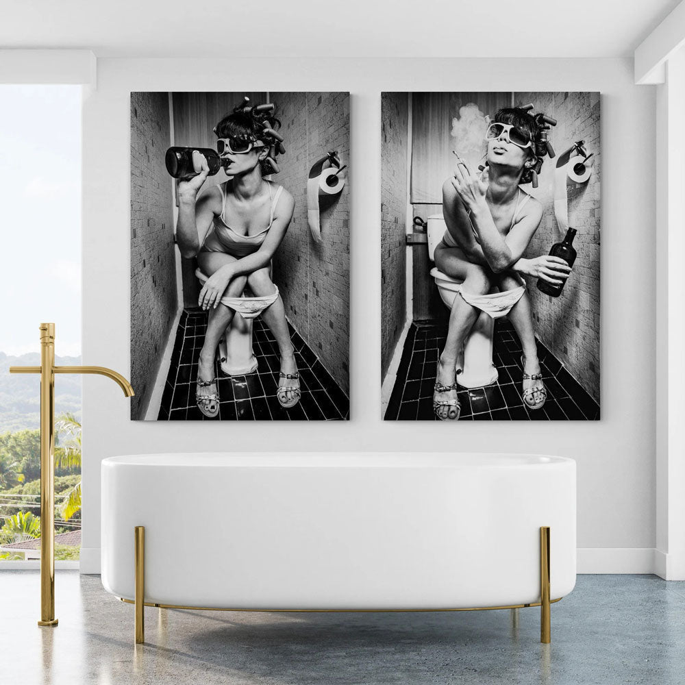 Girl Sitting On Toilet Smoking and Drinking Canvas Wall Art | 3CARATS