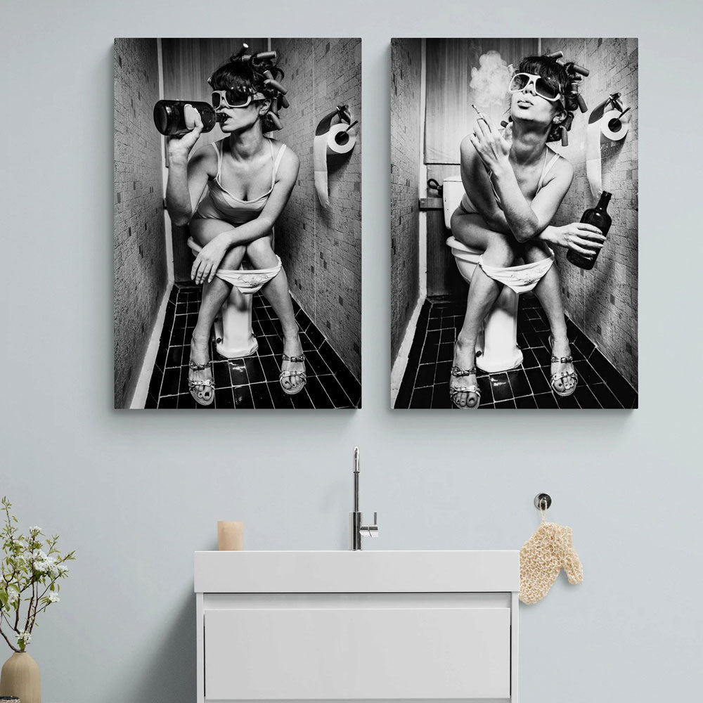Girl Sitting On Toilet Smoking and Drinking Canvas Wall Art | 3CARATS