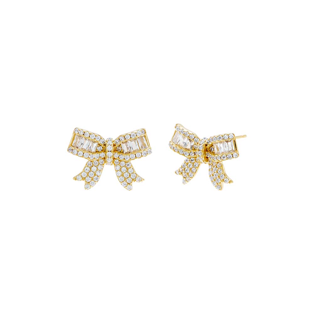 Gold Pave X Baguette Mini Bow Tie Stud Earring - Adina's Jewels