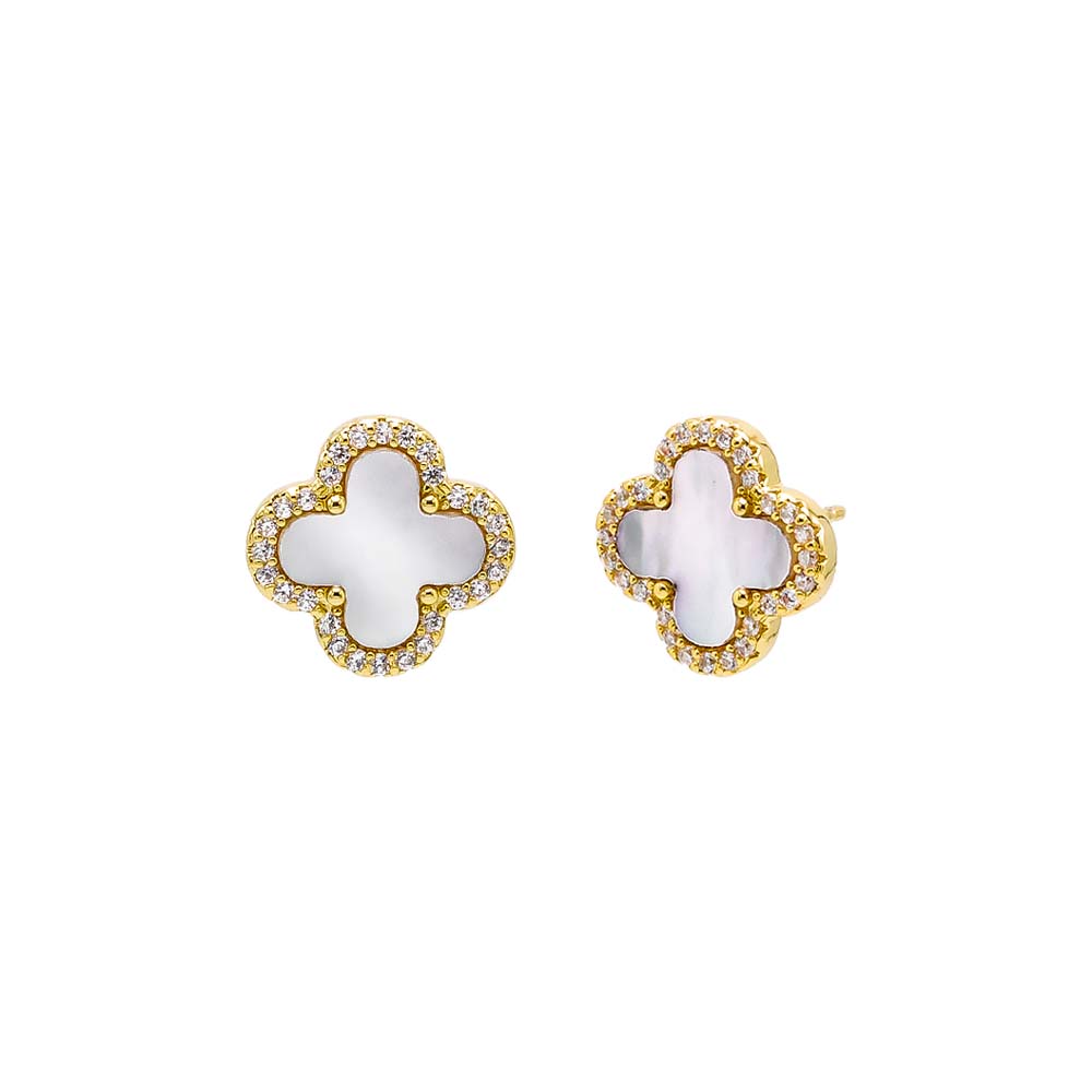 Mother of Pearl Pave Outlined Four Leaf Clover Stud Earring - Adina's Jewels