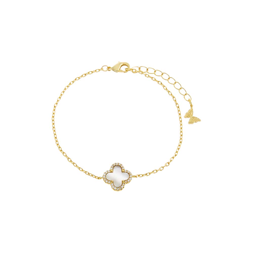 Mother of Pearl Pave Outlined Four Leaf Clover Bracelet - Adina's Jewels
