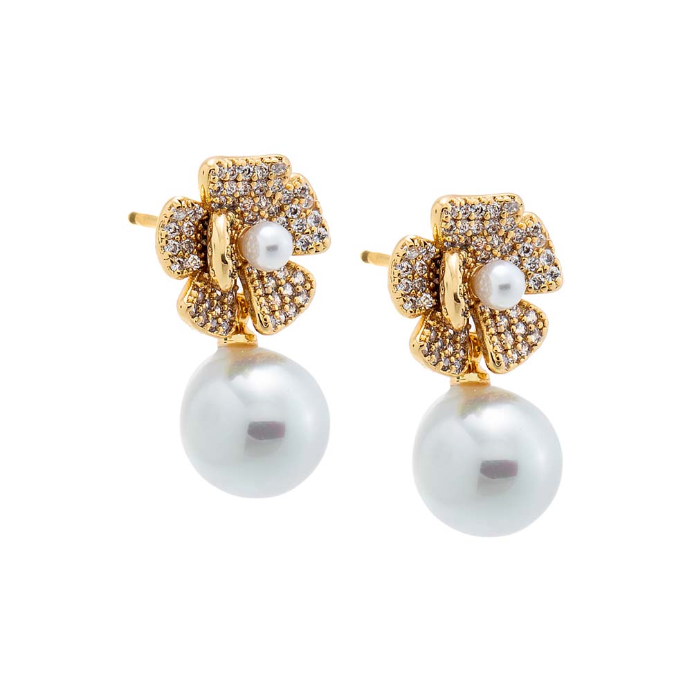 Gold Pave Dangling Flower Pearl Stud Earring - Adina's Jewels