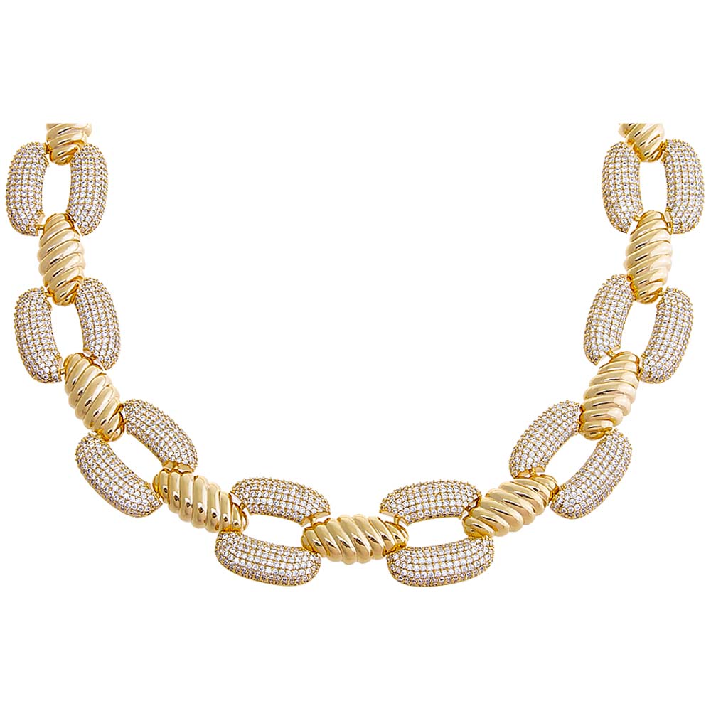 Gold Pave Ridged Open Flat Square Link Choker Necklace - Adina's Jewels