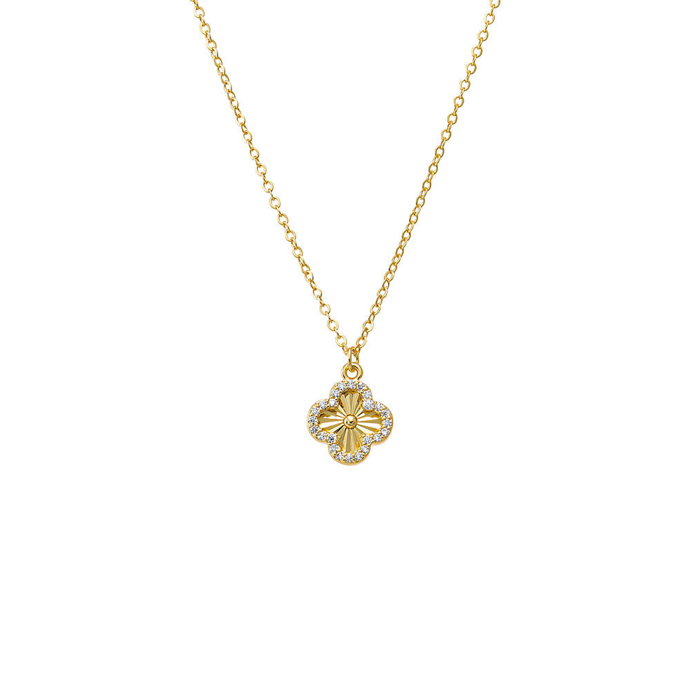 Pave Outlined Ridged Clover Pendant Necklace