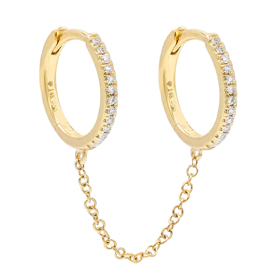 14K Gold / Single Diamond Double Huggie Chain Earring 14K - Adina's Jewels