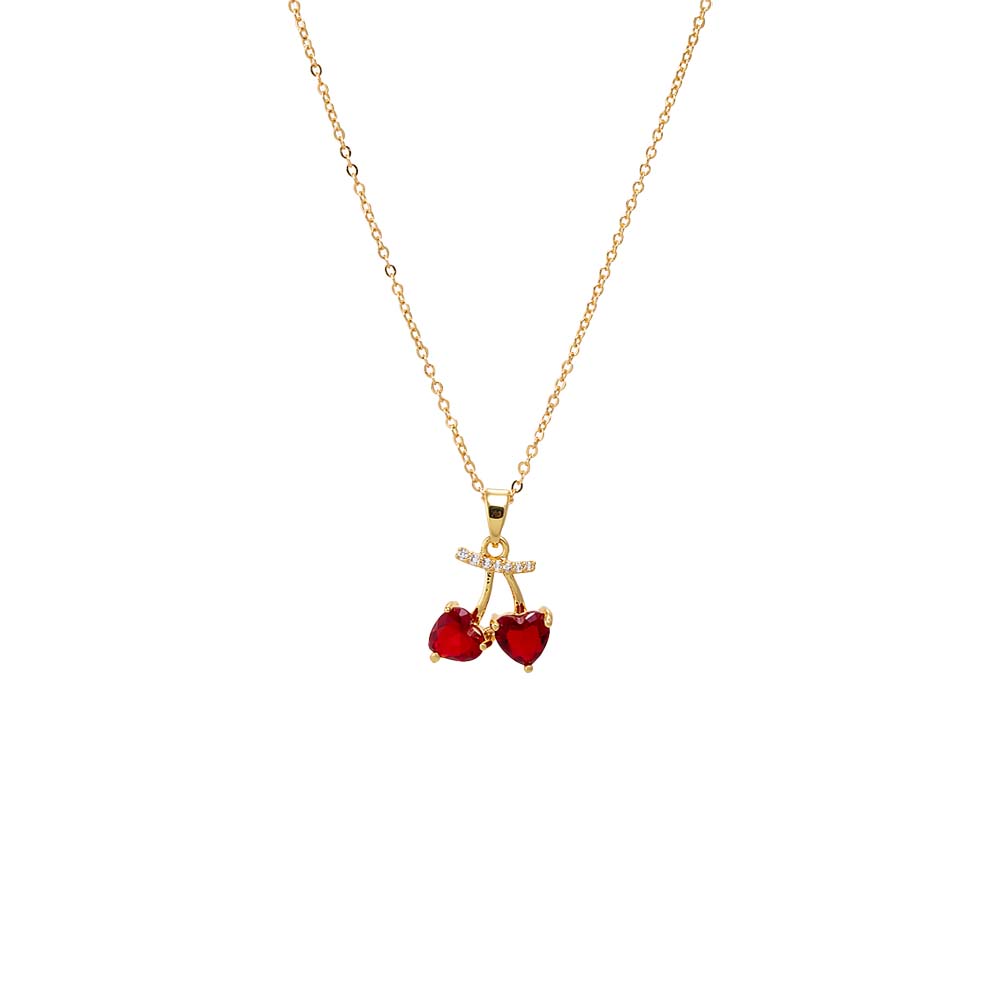 Gold Red Cherry Hearts Charm Necklace - Adina's Jewels