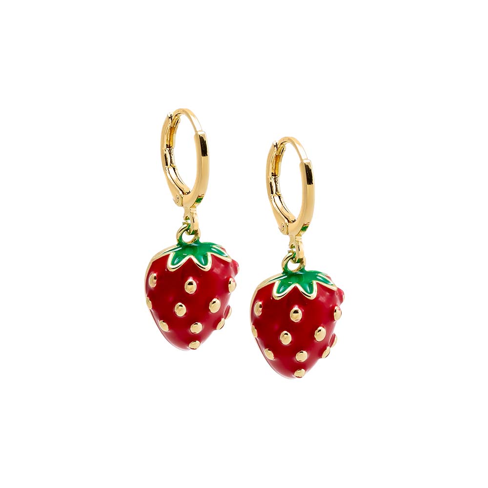 Red Red & Green Enamel Dangling Strawberry Huggie Earring - Adina's Jewels