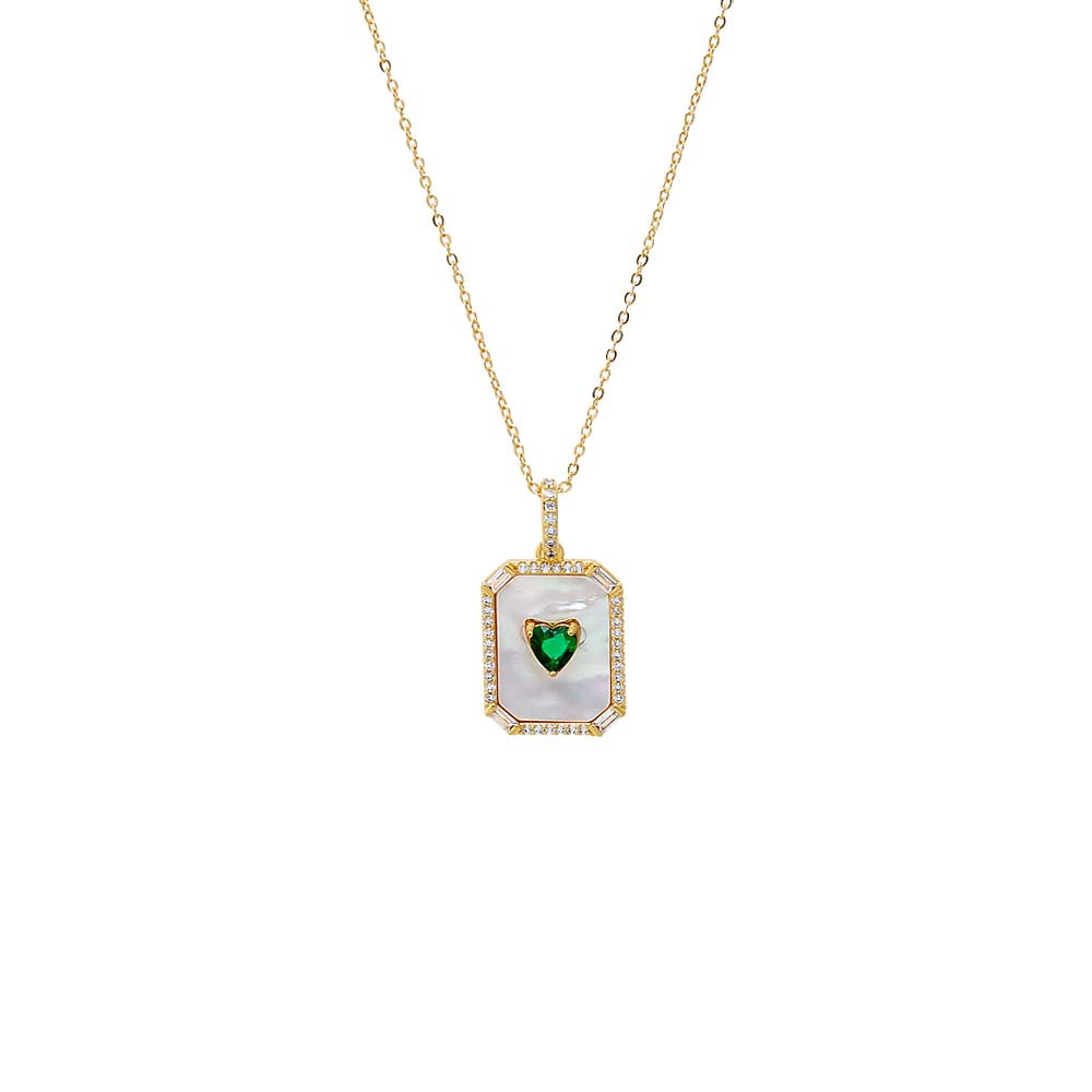 Colored Heart CZ & Mother Of Pearl Dog Tag Necklace