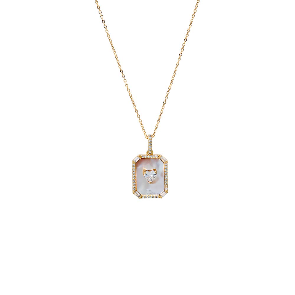 Colored Heart CZ & Mother Of Pearl Dog Tag Necklace