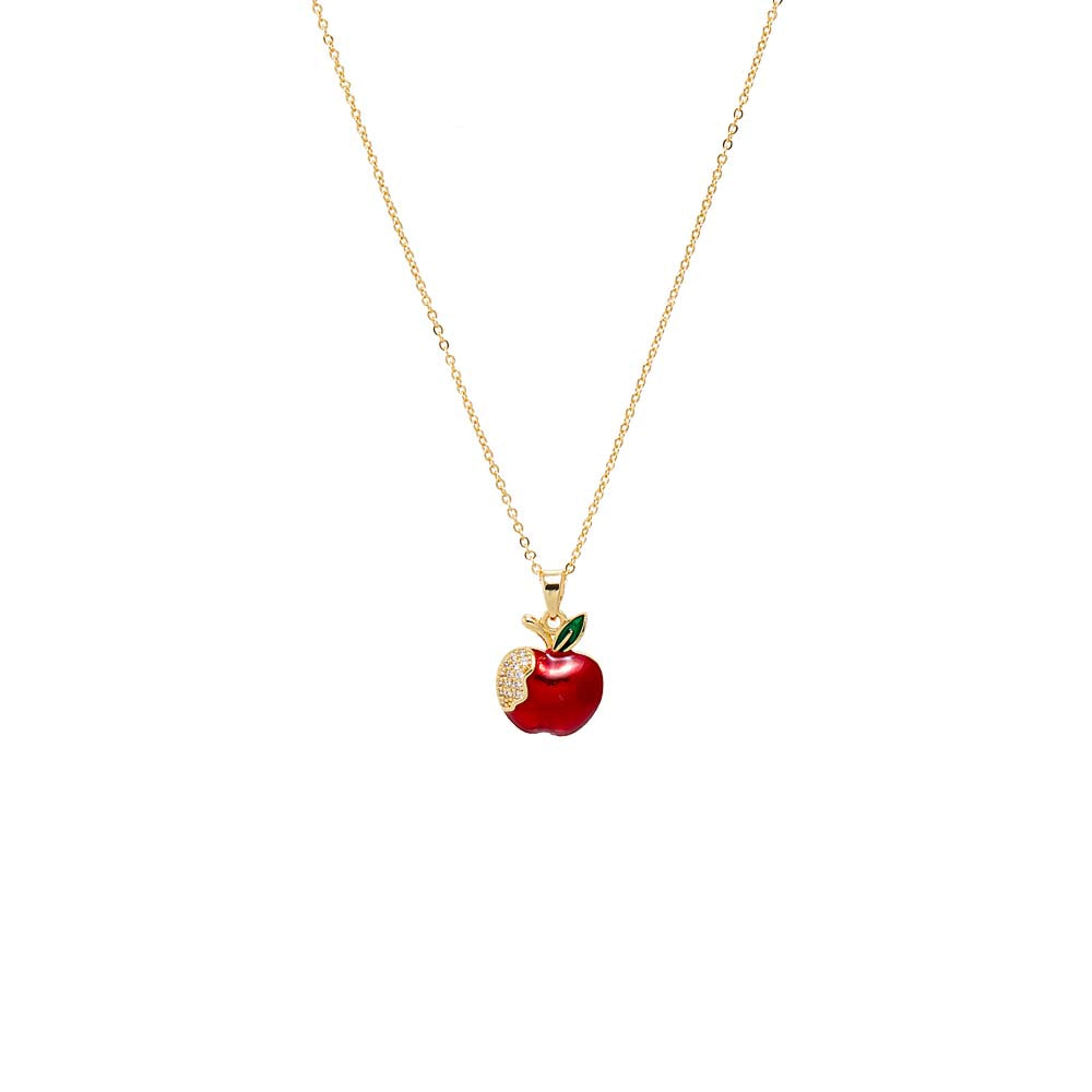 Pave Bitten Red Apple Charm Necklace