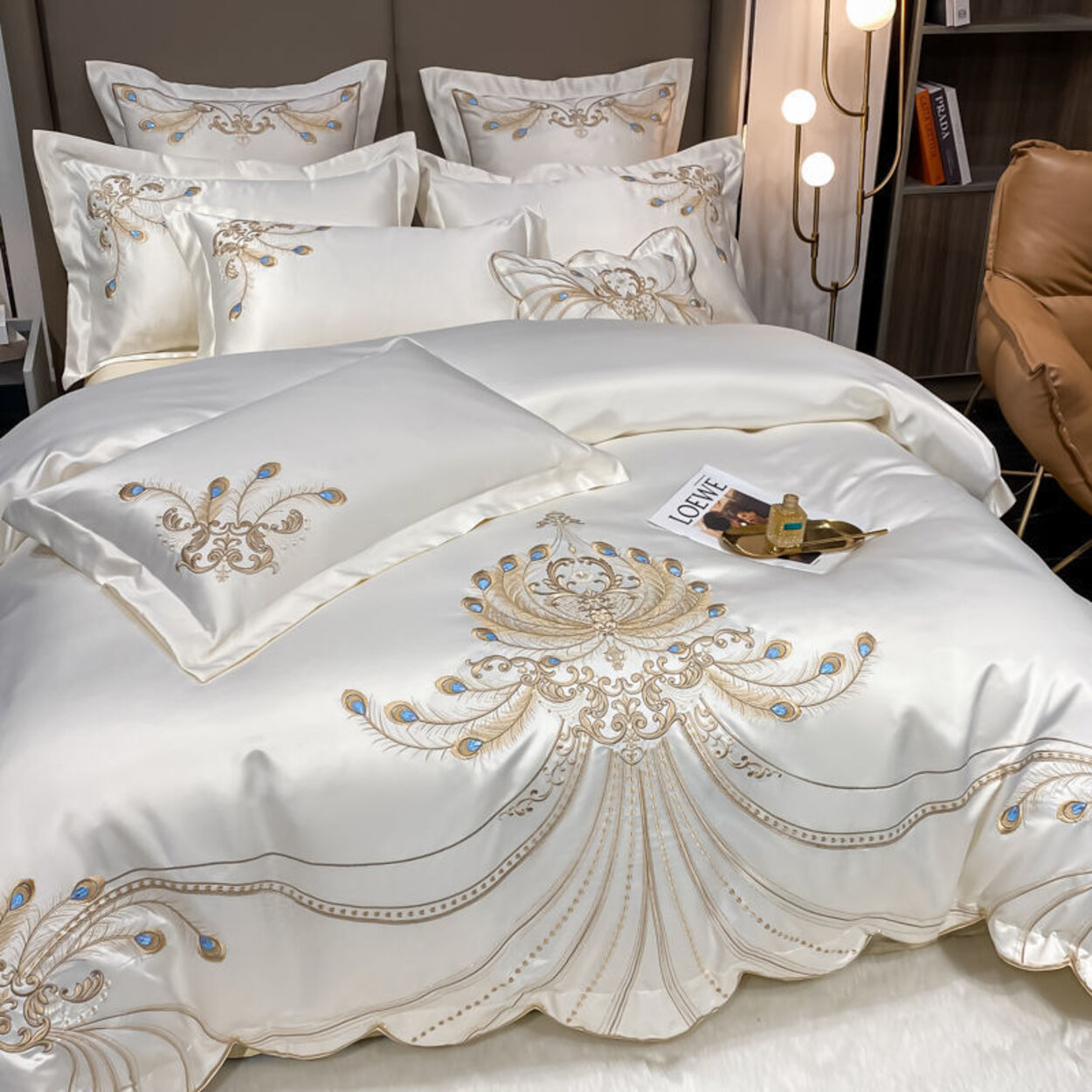 Gold Peacock Feather Embroidery Egyptian Cotton Bedding Set | 3CARATS