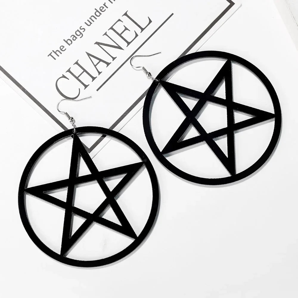 Large Black Pentacle Earrings