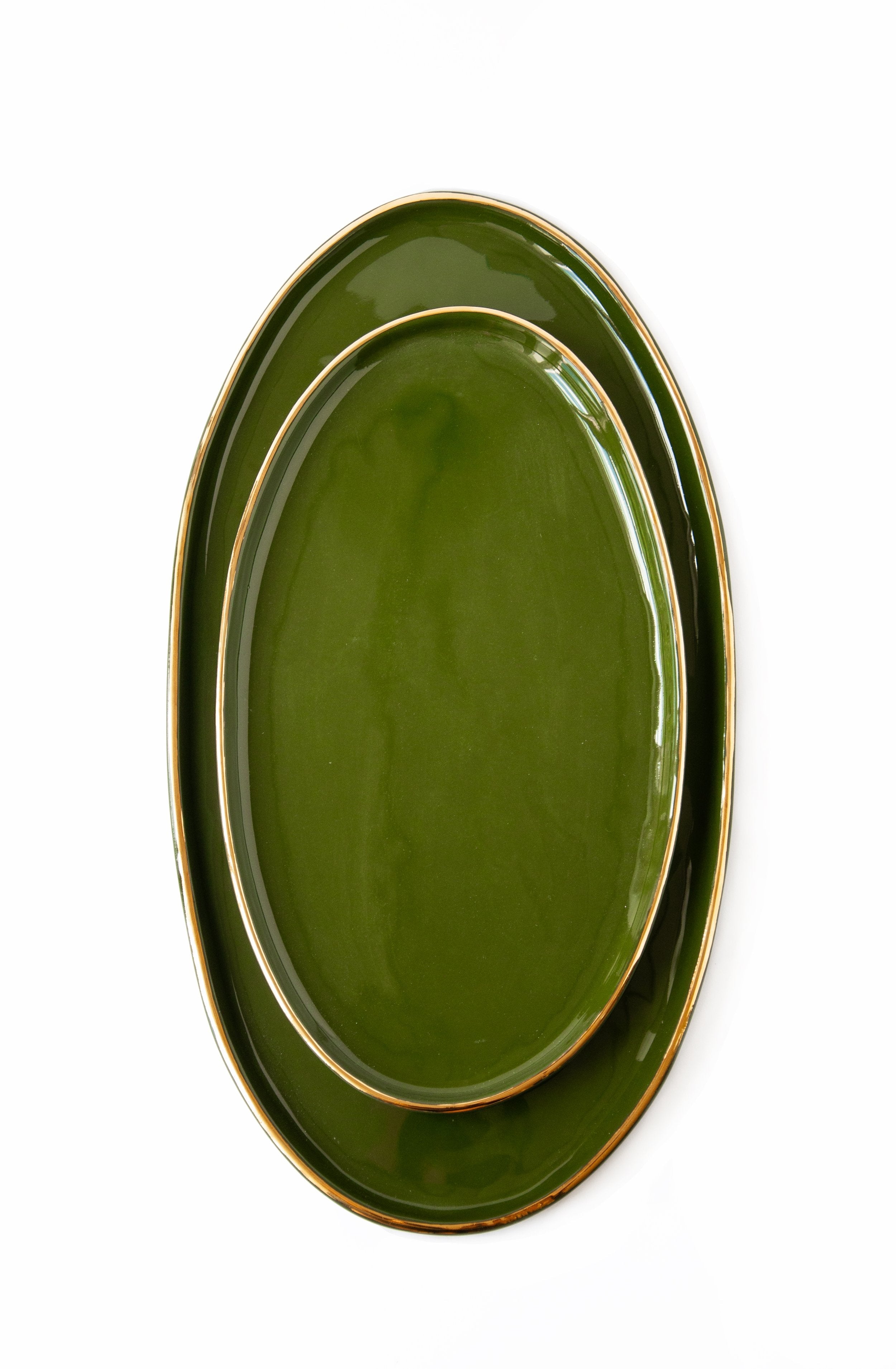 Porcelain Oval Serving Platter with Gold Rim. Green
