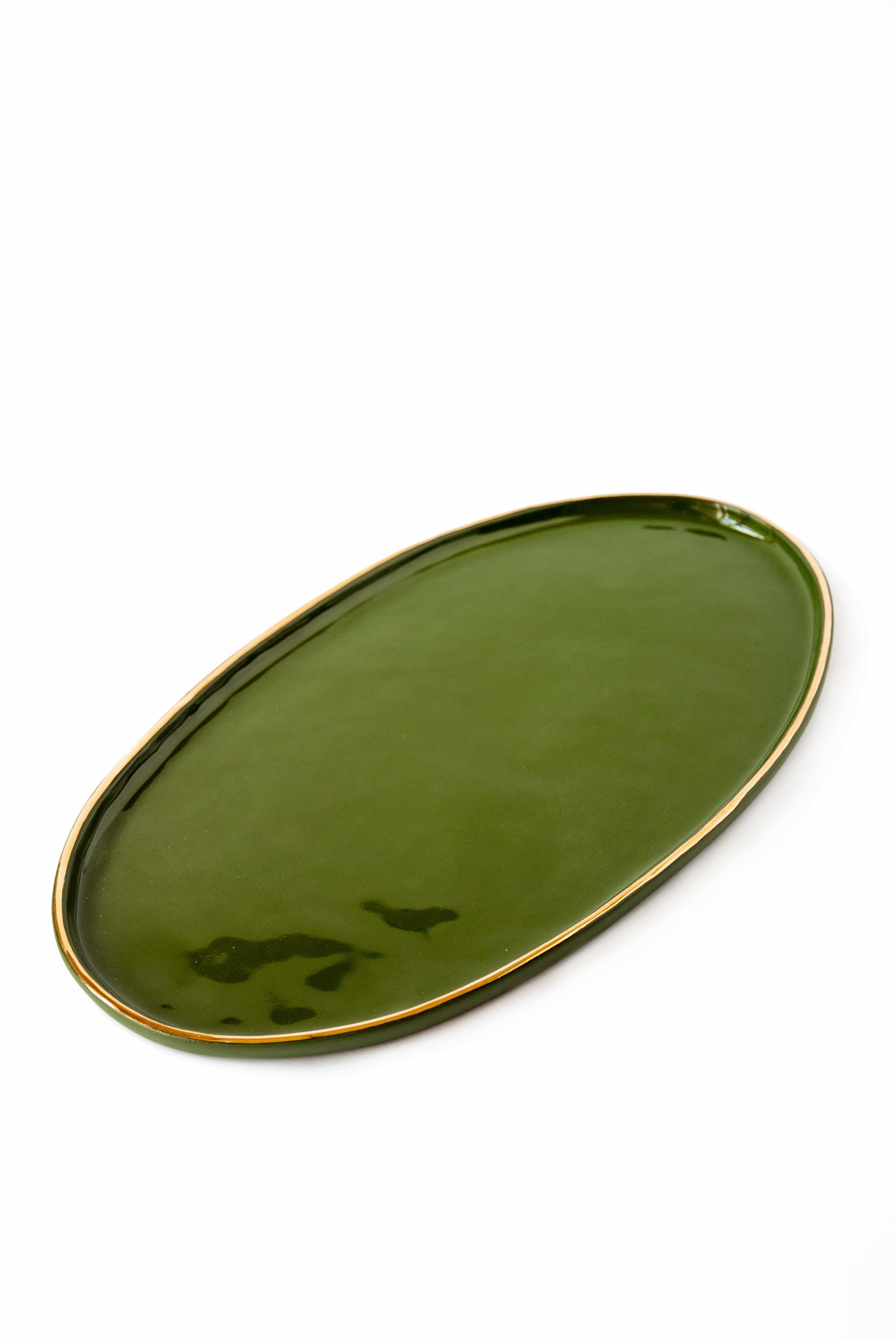 Porcelain Oval Serving Platter with Gold Rim. Green
