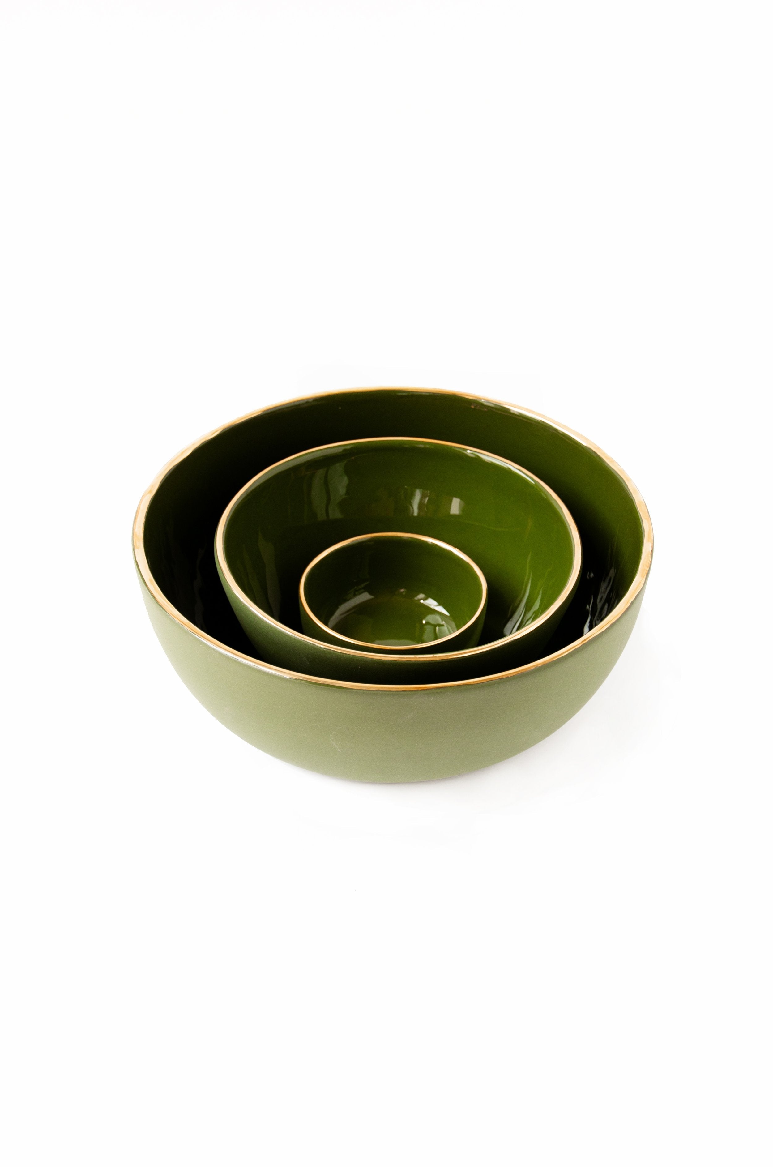 Handmade Porcelain Salad Serving Bowl with Gold Rim. Green